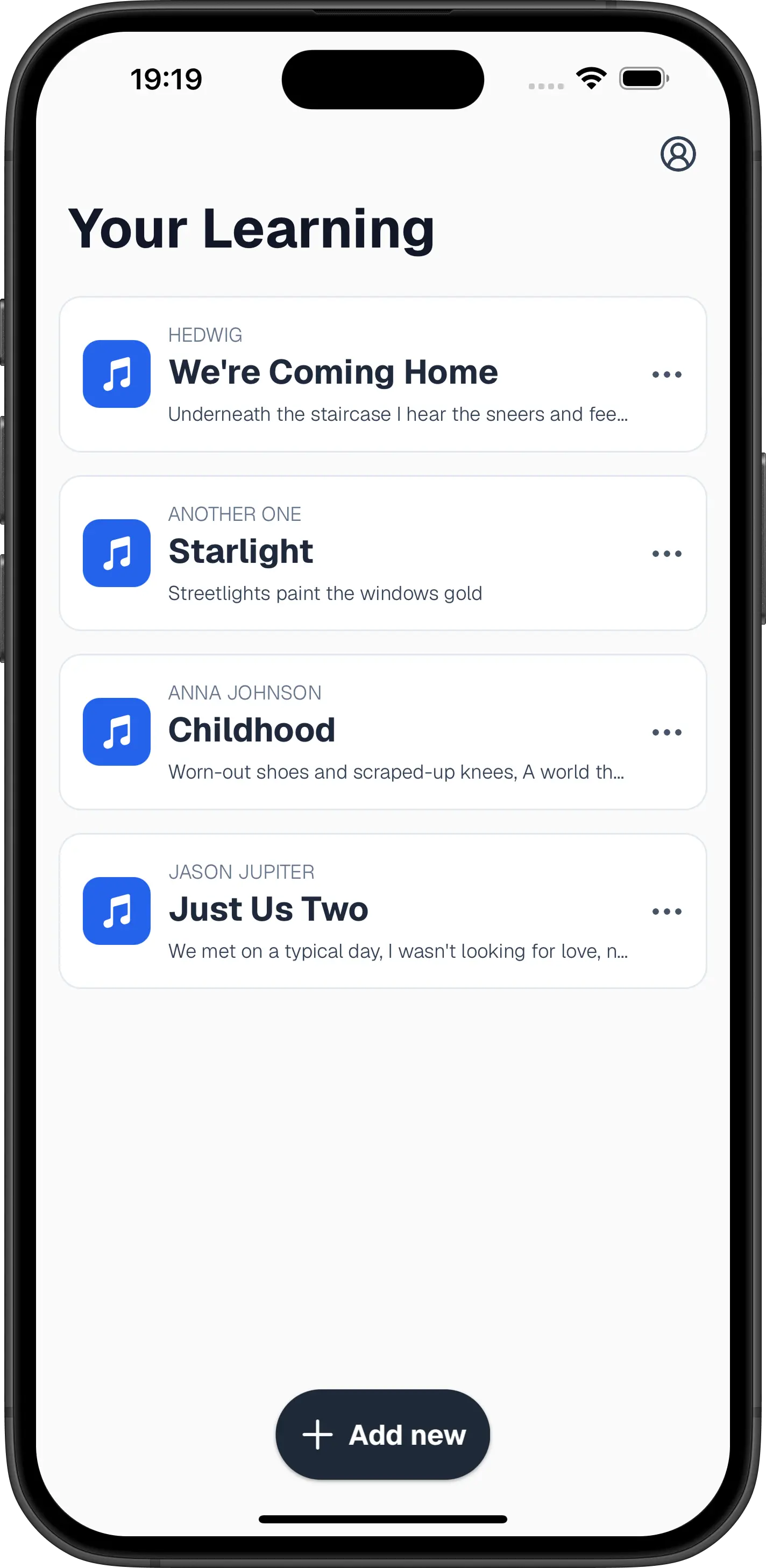 Memorize lyrics app home screen